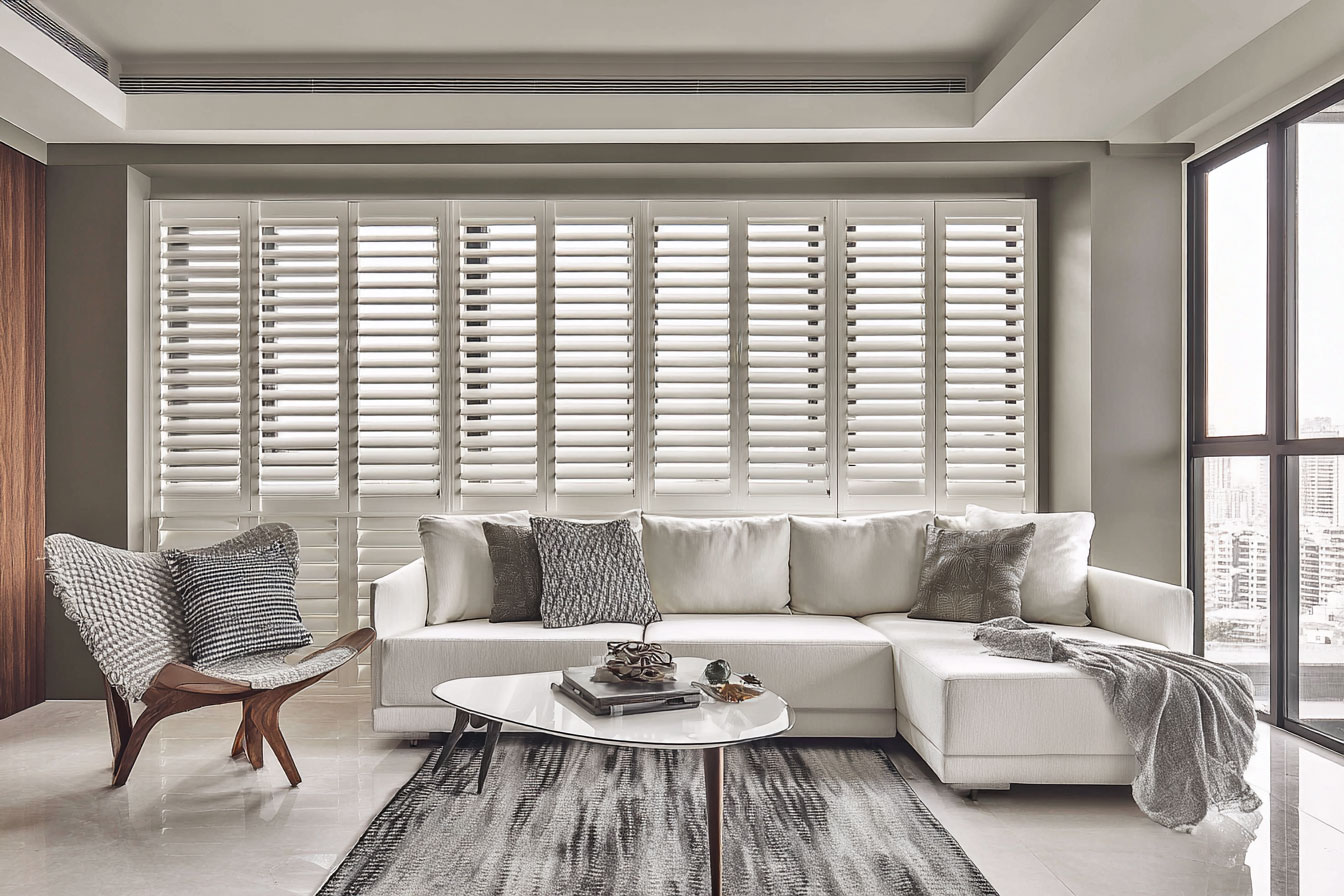 客廳安裝白色百葉窗，顯得相當大氣