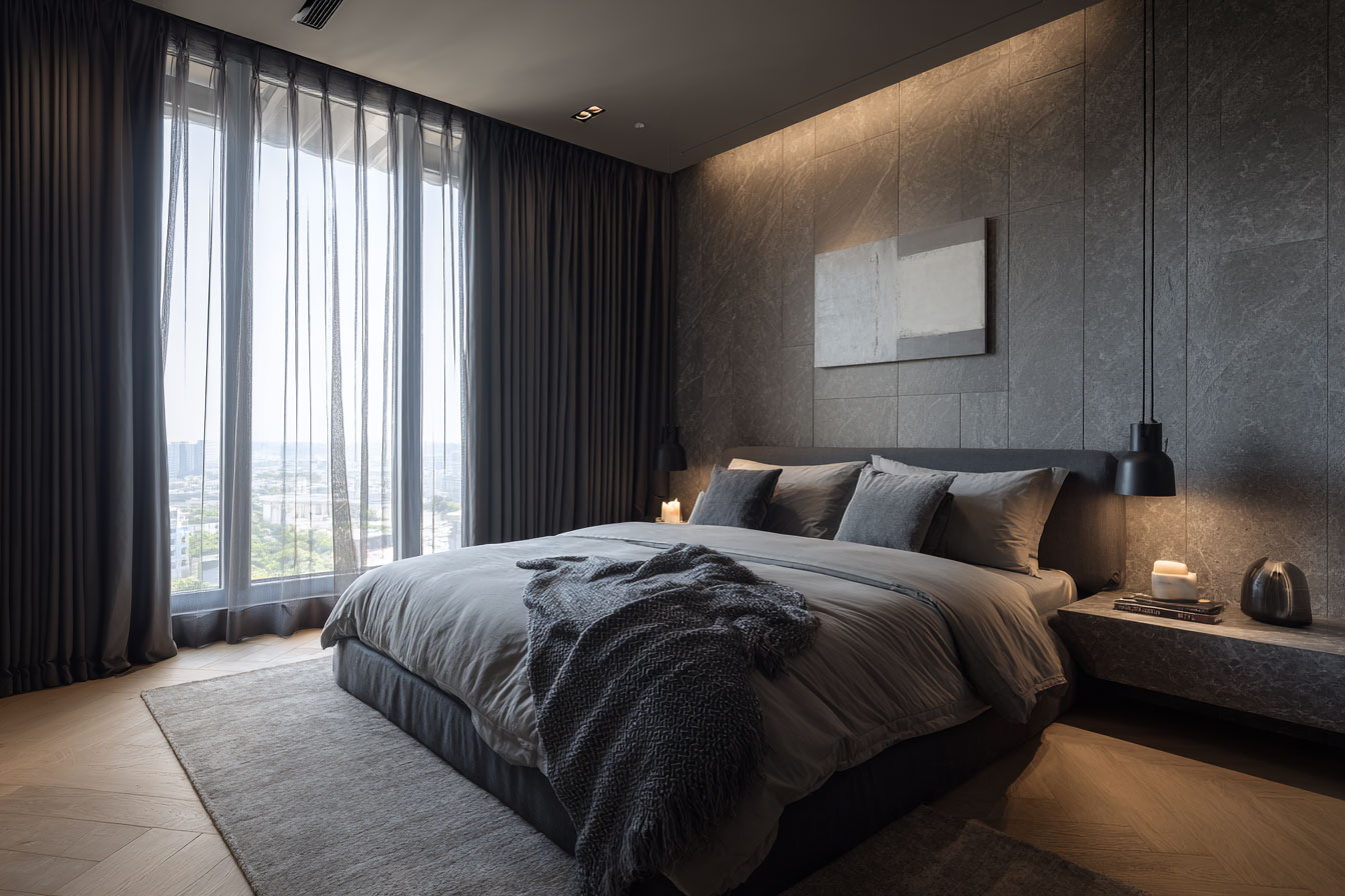 一間裝設有智慧控制的窗簾，能定時在午後將窗簾關閉，早上自動開啟進行早晨喚醒程序，結合智慧控制，主人能透過手機定時控制隱藏喇叭，播放輕音樂、廣播，將臥室機能進一步發揮