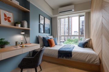 北歐風格需要莫蘭迪色與原木的搭配，布簾的柔和線條為臥室窗簾增加浪漫的點綴