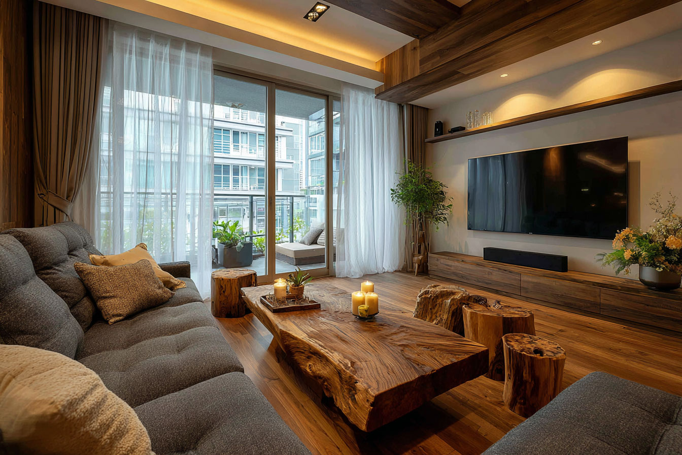 大量原木裝潢的客廳，透過布簾與紗簾讓線條更柔和