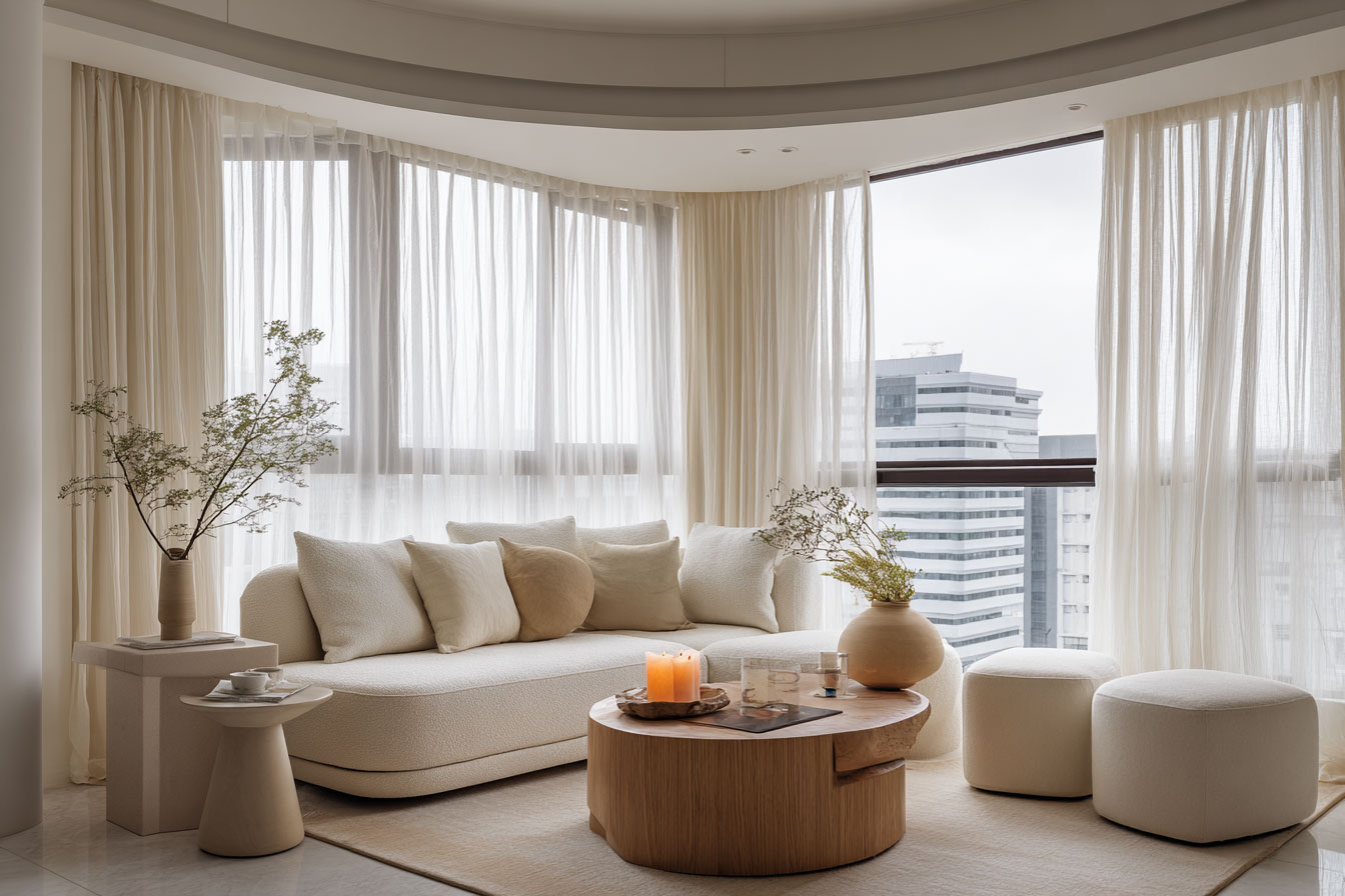 奶油色風格客廳，用紗簾搭配