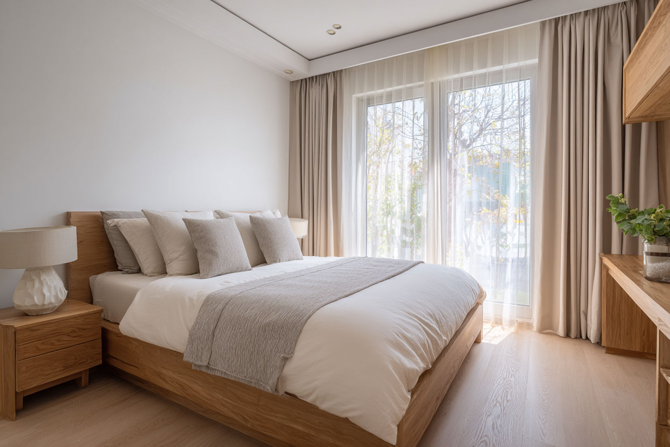 布簾結合紗簾對主臥室的實用與質感都是加分