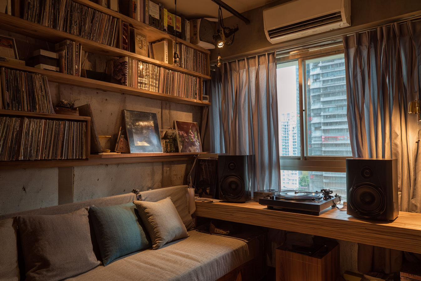 放輕鬆的閱聽室，需要柔和燈光，並考慮聲學效益，可以選擇適當的布簾