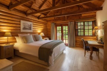 森林度假風，原木屋民宿客房，搭配木百葉與布簾