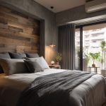 深灰色窗簾、牆壁與不同顏色的原木讓主臥室窗簾有低調奢華與提升質感的效果