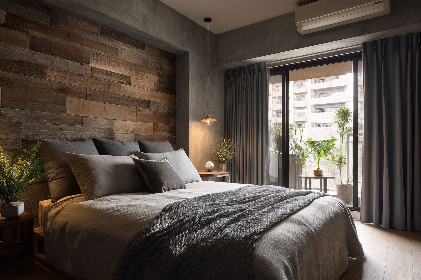 深灰色窗簾、牆壁與不同顏色的原木讓主臥室窗簾有低調奢華與提升質感的效果