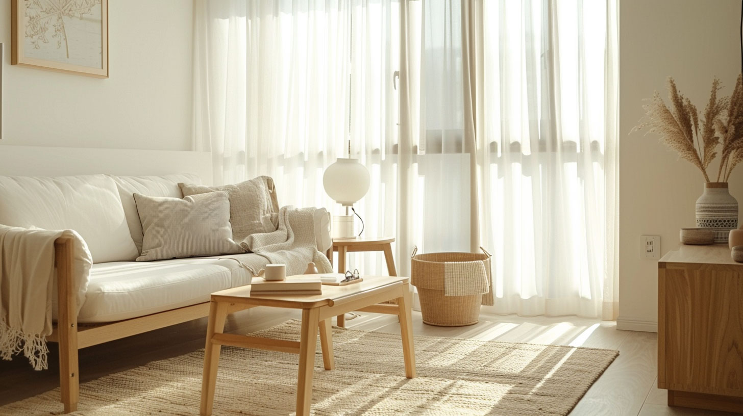 簡約日式風格裝潢是現代化客廳常見風格，運用紗簾濾光，打造明亮空間感