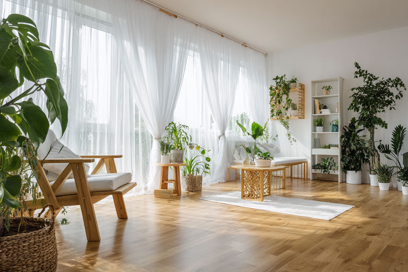 自然風格客廳，大量紗簾營造室內柔和光線