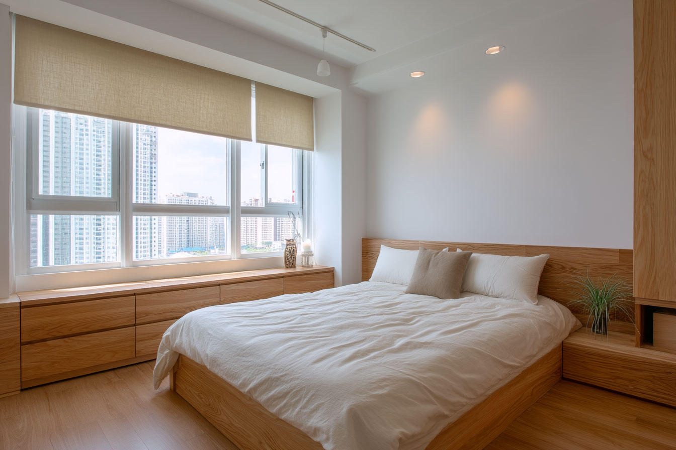 高質感的捲簾對於高樓層遮光，也是臥室窗簾一種不錯的選擇