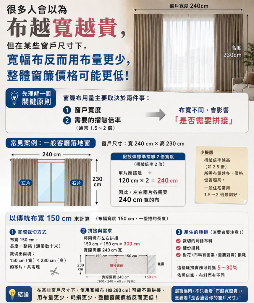 窗簾價格怎麼算?窗簾一才多少錢?2026年百葉窗、捲簾、風琴簾價格指南 4 寬幅布可能比正常布拼接便宜